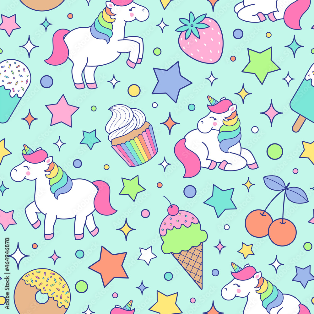Cute pastel unicorn and dessert seamless pattern with star background.