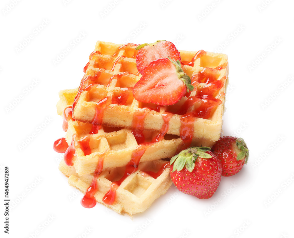 Tasty Belgian Waffles with strawberry on white background