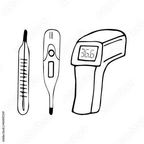 medical non-contact, electronic thermometer and mercury hand drawn doodle. vector, scandinavian, nordic, minimalism, monochrome. set icon. health, body temperature, medicine.
