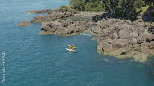 Kayakers near rocky rugged shore with seal swimming next to them, aerial, Whale Island photo