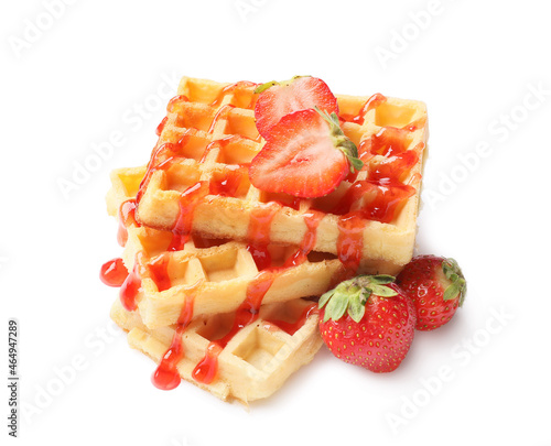 Tasty Belgian Waffles with strawberry on white background