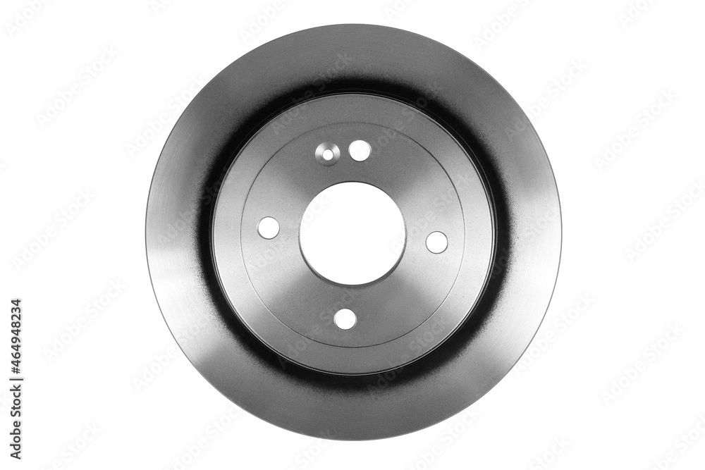 Rear-wheel brake disc isolated on white background. Detail of a car brake system. Rear-wheel brake disc isolated on white background. Detail of a car brake system.