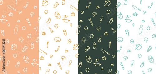 クレヨンで描いた野菜と調理器具のかわいいパターンセット　シームレス　背景装飾イラスト