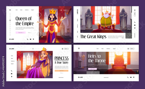 Banners of royal stories about king, queen, princess and heirs to throne. Vector landing pages of kingdom with cartoon illustration of royal characters in medieval palace