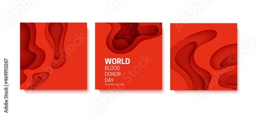 World Blood Donor Day poster in paper cut style. 3d red background with liquid waves. Vector card illustrations for leukemia or hemophilia concept. Medical health care flyer with inside view artery