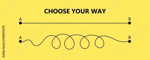 Set of difficult and easy simple way process from start to end. Vector card illustration with path to success outline art concept. The road from point a to point b. Right and wrong way with messy line