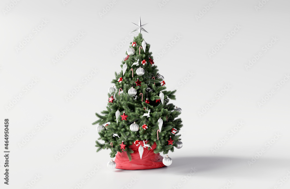 Christmas tree with decorations on white background. 3d rendering