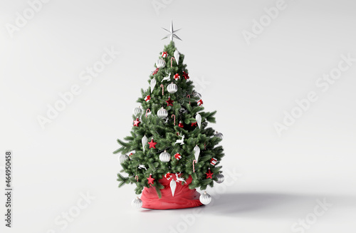 Fototapeta Christmas tree with decorations on white background. 3d rendering