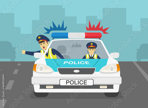 Driving a car. Angry european traffic police officers chasing criminal in a car on the highway. Traffic speed control. Front view. Flat vector illustration template.