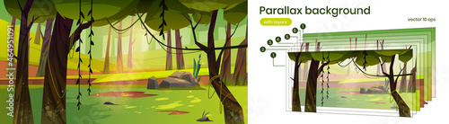 Parallax background cartoon forest nature 2d landscape, scenery wood with deciduous trees, moss and lianas, rocks, grass, bushes and sunlight separated layers for game scene view, Vector illustration