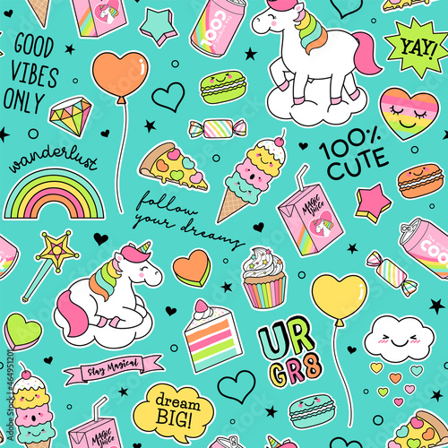 Cute unicorns , girl's elements and inspiration quotes seamless pattern background.