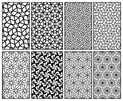 Set of lattice vector patterns with stars and flowers. Seamless patterns.