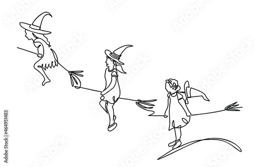 Vector hand-drawn illustration with one continuous line on a white background. Three witches in hats flying on brooms.