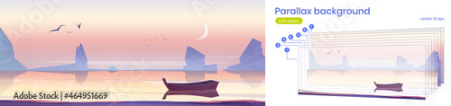 Parallax background wooden boat on sea 2d landscape. Picturesque nature with lonely skiff floating on calm water at early morning scenery cartoon view with separated layers for game, Vector backdrop