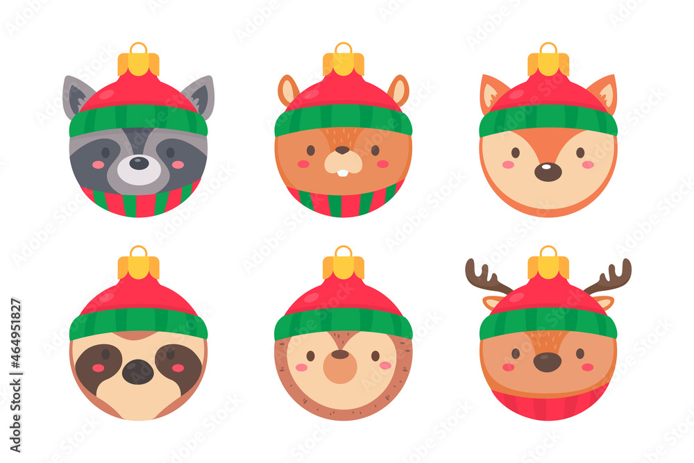 animal face christmas ball wearing a red woolen hat for decoration on Christmas animal face christmas ball wearing a red woolen hat for decoration on Christmas