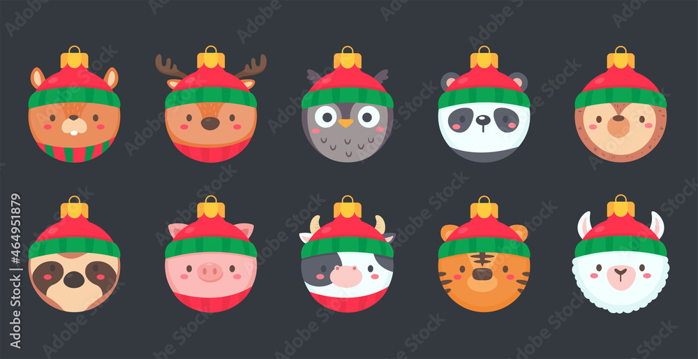 animal face christmas ball wearing a red woolen hat for decoration on Christmas animal face christmas ball wearing a red woolen hat for decoration on Christmas