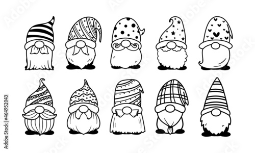 Line art Christmas gnomes design for coloring book isolated on a white background