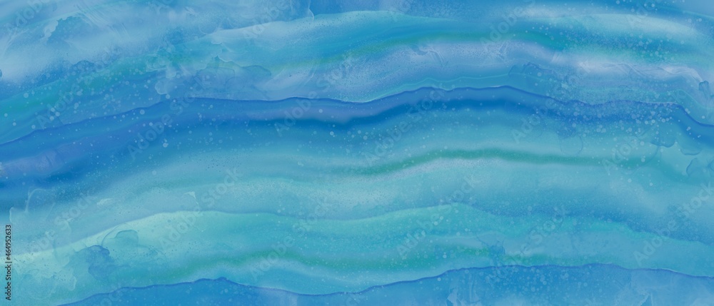 アルコールインクアートのイラスト背景）青と緑のめのう風の模様の横長バナー　マーブル　しぶき　層