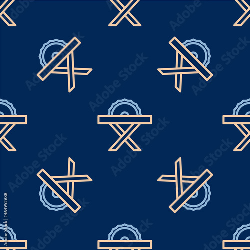 Line Electric circular saw with steel toothed disc icon isolated seamless pattern on blue background. Electric hand tool for cutting wood or metal. Vector