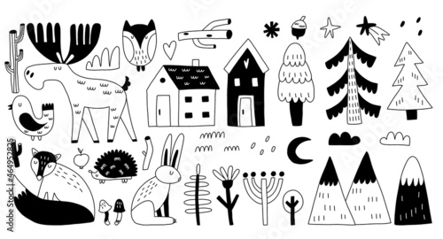 Doodle forest animals. Hand drawn line scandinavian style black and white print, cute scandi elk and fox, bird and hare. trees wild flowers and mountains, woodland vector isolated illustration