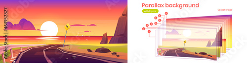 Summer landscape of sea beach, road, mountains and sun on horizon. Vector parallax background for 2d animation with cartoon illustration of highway to ocean coast at sunset