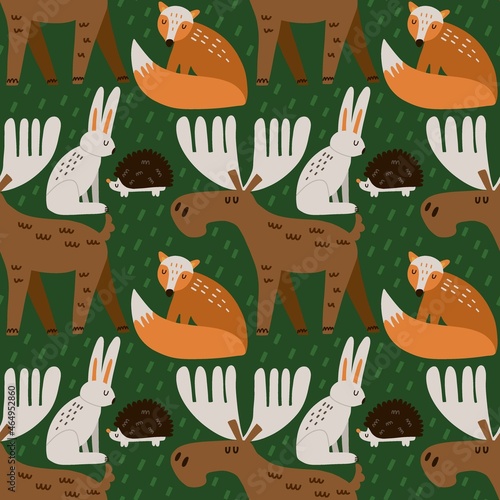Forest animals seamless pattern. Hand drawn cartoon scandinavian elk fox and hare cute scandi illustration, kids clothers and nursery design. Decor textile, wrapping paper wallpaper, vector print