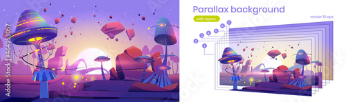 Fantasy landscape with magic mushrooms and plants on alien planet at sunset. Vector parallax background for 2d animation with cartoon illustration of fantastic nature with giant toadstools