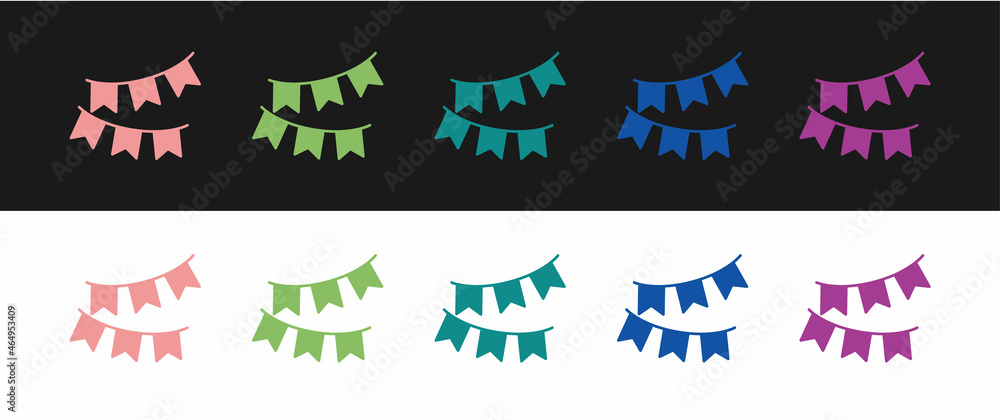 Set Carnival garland with flags icon isolated on black and white background. Party pennants for birthday celebration, festival decoration. Vector