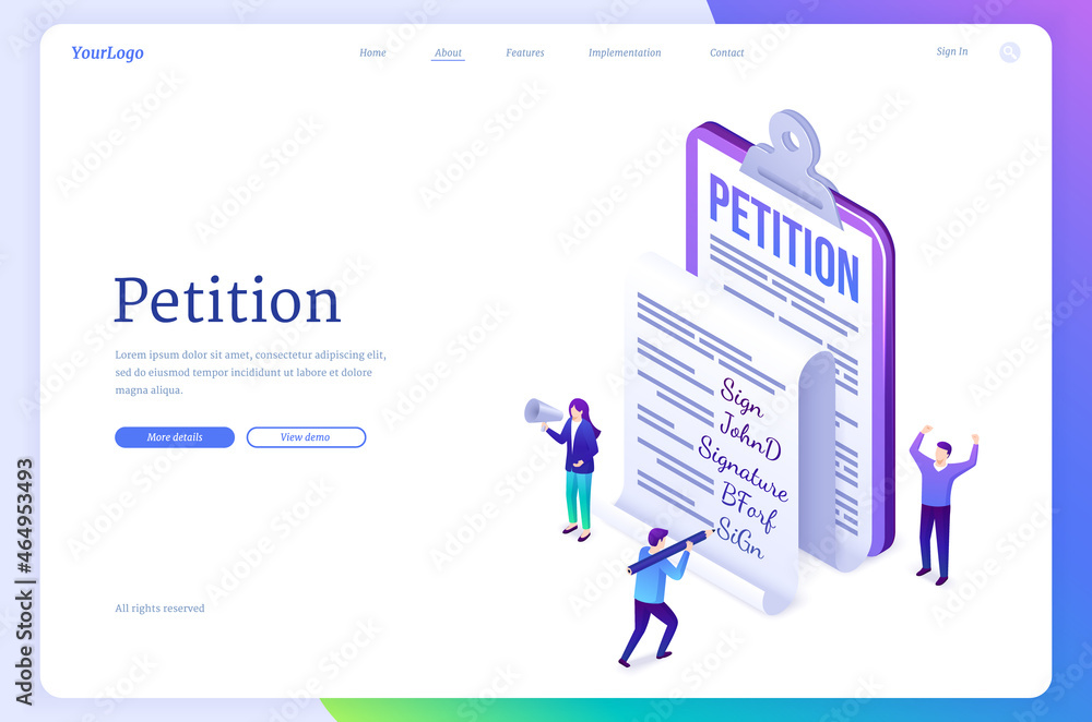 Petition banner. Concept of document with claim or appeal, agitation for sign request. Vector landing page with isometric illustration of people and petition with signature on clipboard Petition banner. Concept of document with claim or appeal, agitation for sign request. Vector landing page with isometric illustration of people and petition with signature on clipboard