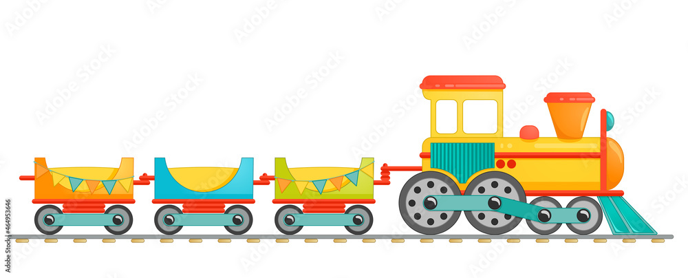 Naklejka premium Kids train toy in cartoon style. Vector illustration isolated on white background.