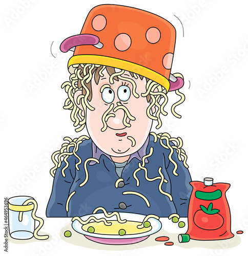 Funny man with a big overturned pan of noodles on his had after a domestic scandal at supper with an angry wife, vector cartoon illustration isolated on a white background