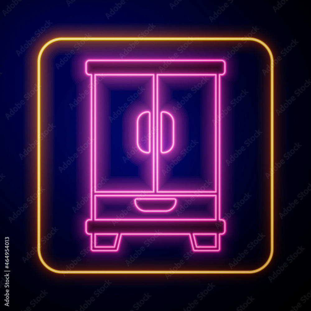 Glowing neon Wardrobe icon isolated on black background. Cupboard sign. Vector Glowing neon Wardrobe icon isolated on black background. Cupboard sign. Vector