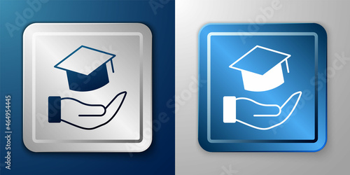 White Education grant icon isolated on blue and grey background. Tuition fee, financial education, budget fund, scholarship program, graduation hat. Silver and blue square button. Vector