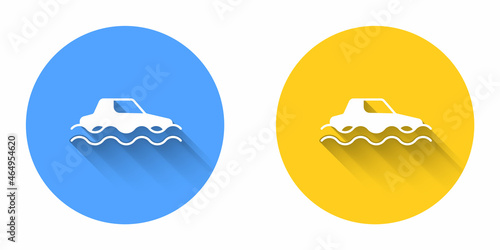White Flood car icon isolated with long shadow background. Insurance concept. Flood disaster concept. Security, safety, protection, protect concept. Circle button. Vector