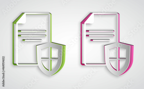 Paper cut Contract with shield icon isolated on grey background. Insurance concept. Security, safety, protection, protect concept. Paper art style. Vector