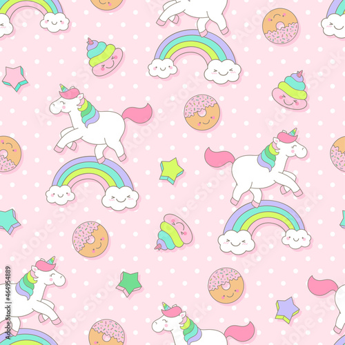 Cute pastel unicorn, donut, poop seamless pattern with pink background.