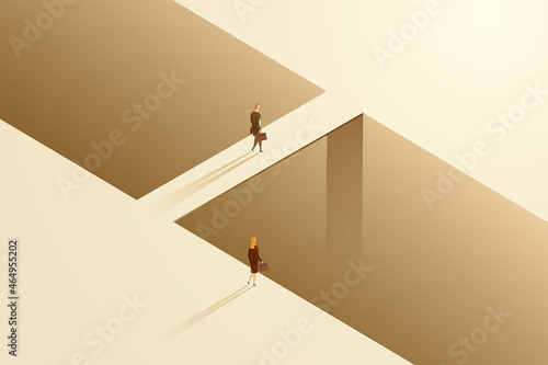 Businessman and businesswoman on different career paths and obstacles.