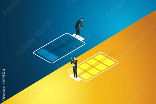 Two businessman walking on icon full-battery and low-power.