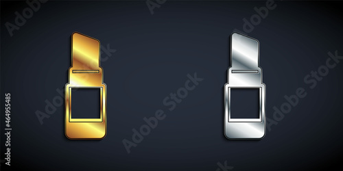 Gold and silver Lipstick icon isolated on black background. 8 March. International Happy Women Day. Long shadow style. Vector