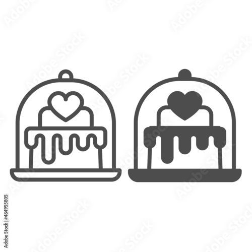 Cake with heart under bell glass dome on saucer line and solid icon, dating concept, fancy cake vector sign on white background, outline style icon for mobile concept and web design. Vector graphics.