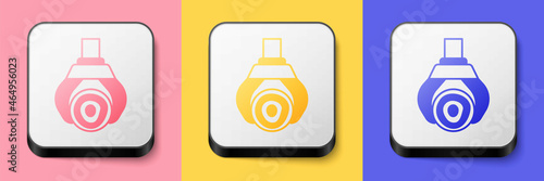 Isometric Grapple crane grabbed a log icon isolated on pink, yellow and blue background. Forest industry. Industrial crane for lumber trunk wood production. Square button. Vector