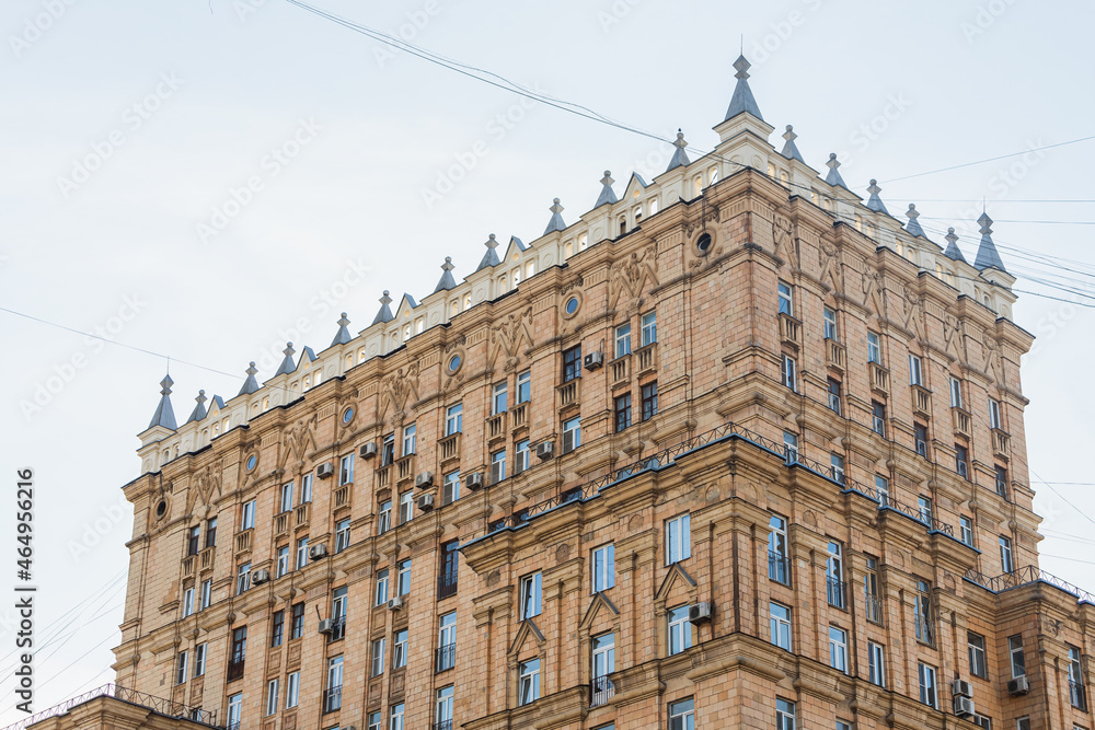 The faсade is a classic  stone building with  stucco  column. Soviet architecture
