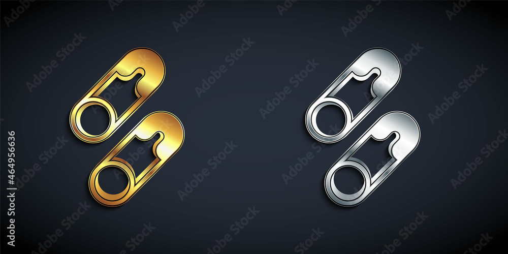 Gold and silver Classic closed steel safety pin icon isolated on black background. Long shadow style. Vector Gold and silver Classic closed steel safety pin icon isolated on black background. Long shadow style. Vector