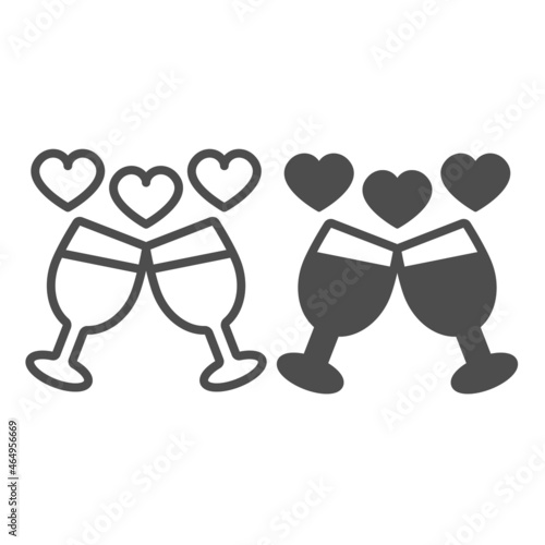 Two wine glasses and hearts line and solid icon, dating concept, date night vector sign on white background, outline style icon for mobile concept and web design. Vector graphics.