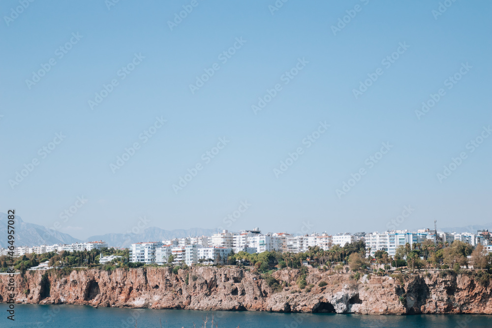 Panoramic views of Antalya Rocks and the Mediterranean coast from the sea.