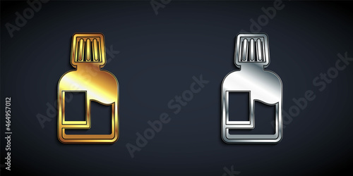 Gold and silver Mouthwash plastic bottle icon isolated on black background. Liquid for rinsing mouth. Oralcare equipment. Long shadow style. Vector