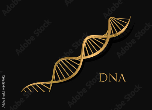 Golden DNA strand with black and gold particles. Vector 3d scientific illustration. Biotechnology or bio engineering concept. Genetic research sign.