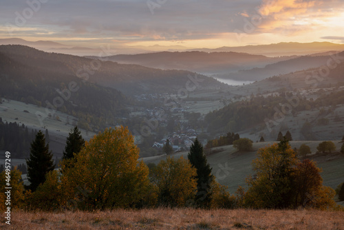  mountain village in the autumn scenery at sunrise