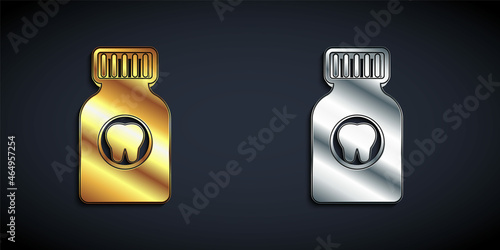 Gold and silver Toothache painkiller tablet icon isolated on black background. Tooth care medicine. Capsule pill and drug. Pharmacy design. Long shadow style. Vector