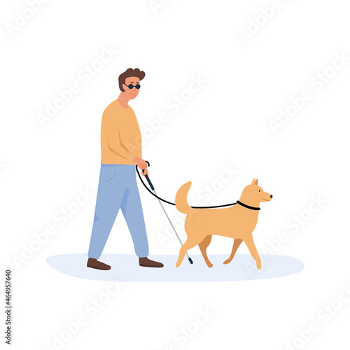 A guide dog with blind person walking together. Disabled male with cane stick using help of dog. Flat style characters. Vector illustration.